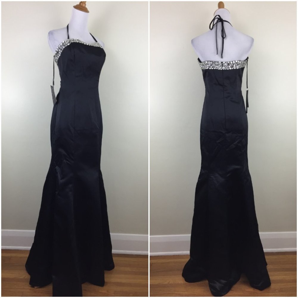 NWT AMELIA COUTURE Black Silver Rhinestone Sateen Halter Mermaid Gown Dress
